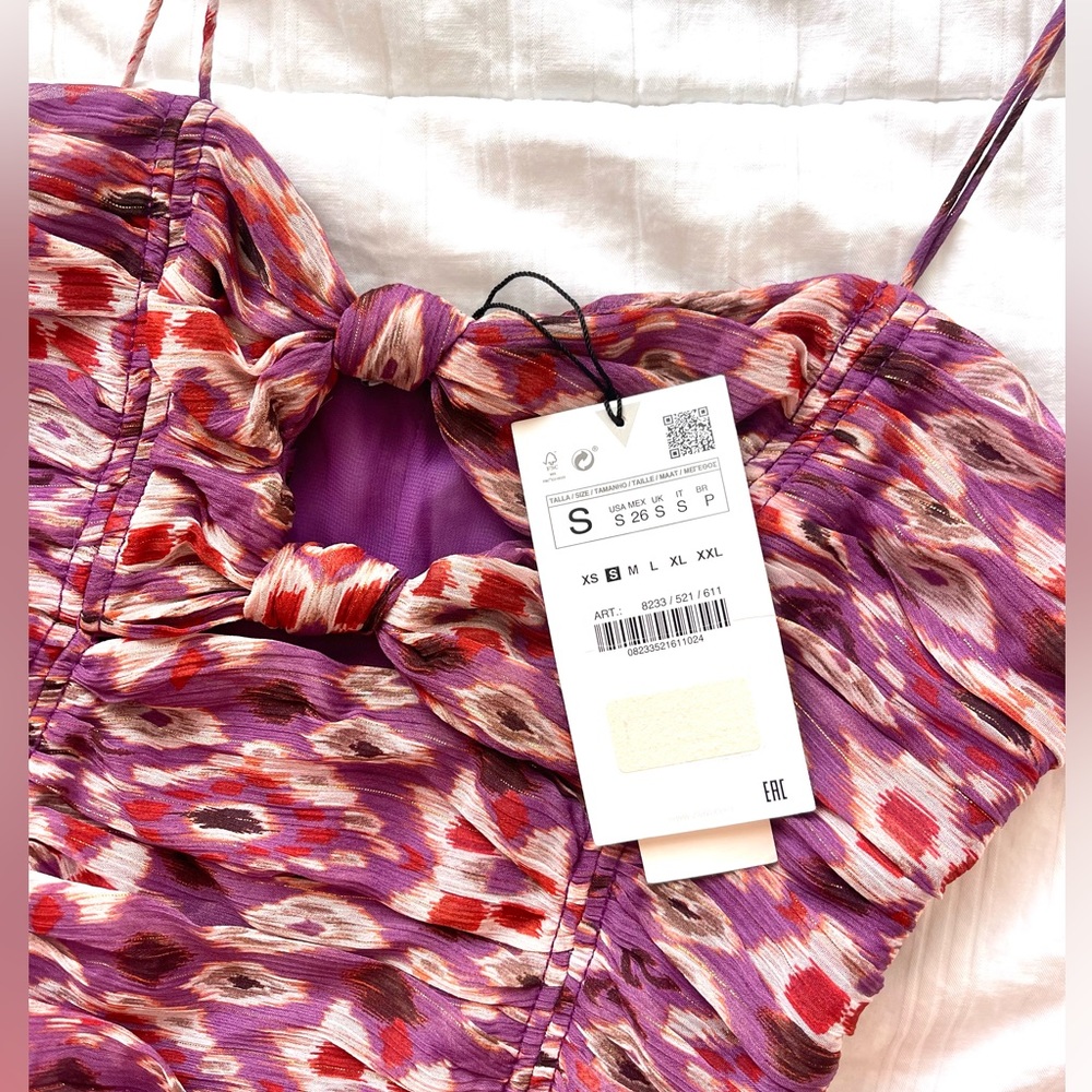 Brand NWT Zara Chiffon Purple and Orange Printed Mini Dress Size S